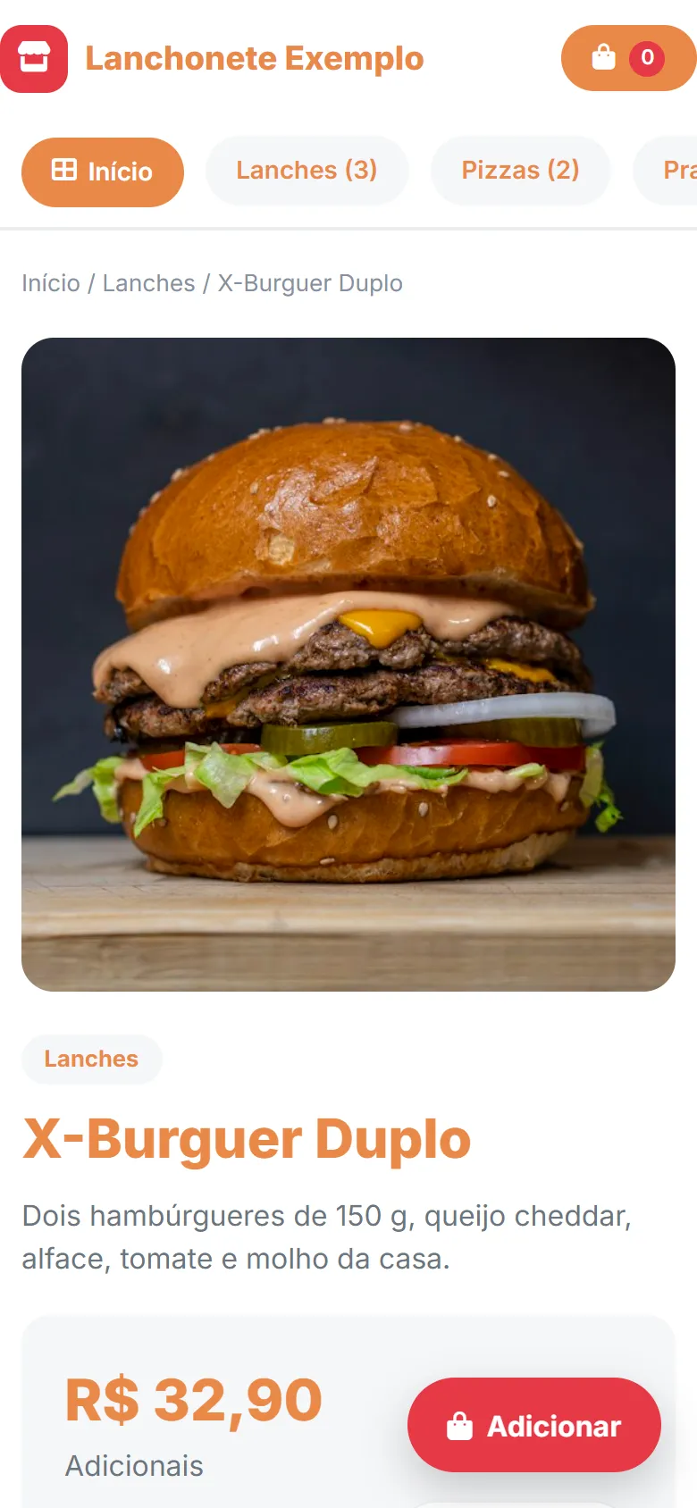 Página de um produto no celular, com foto, descrição, preço e botão Adicionar