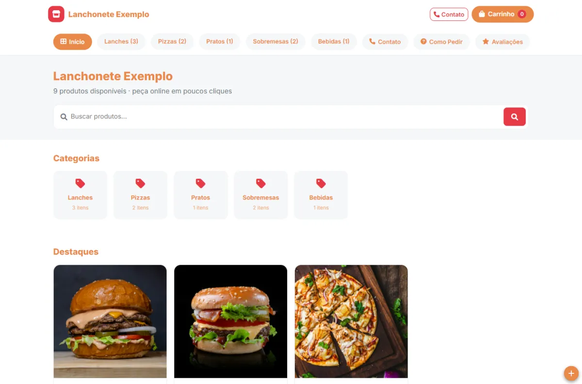 Catálogo de exemplo no computador, com categorias e produtos em destaque