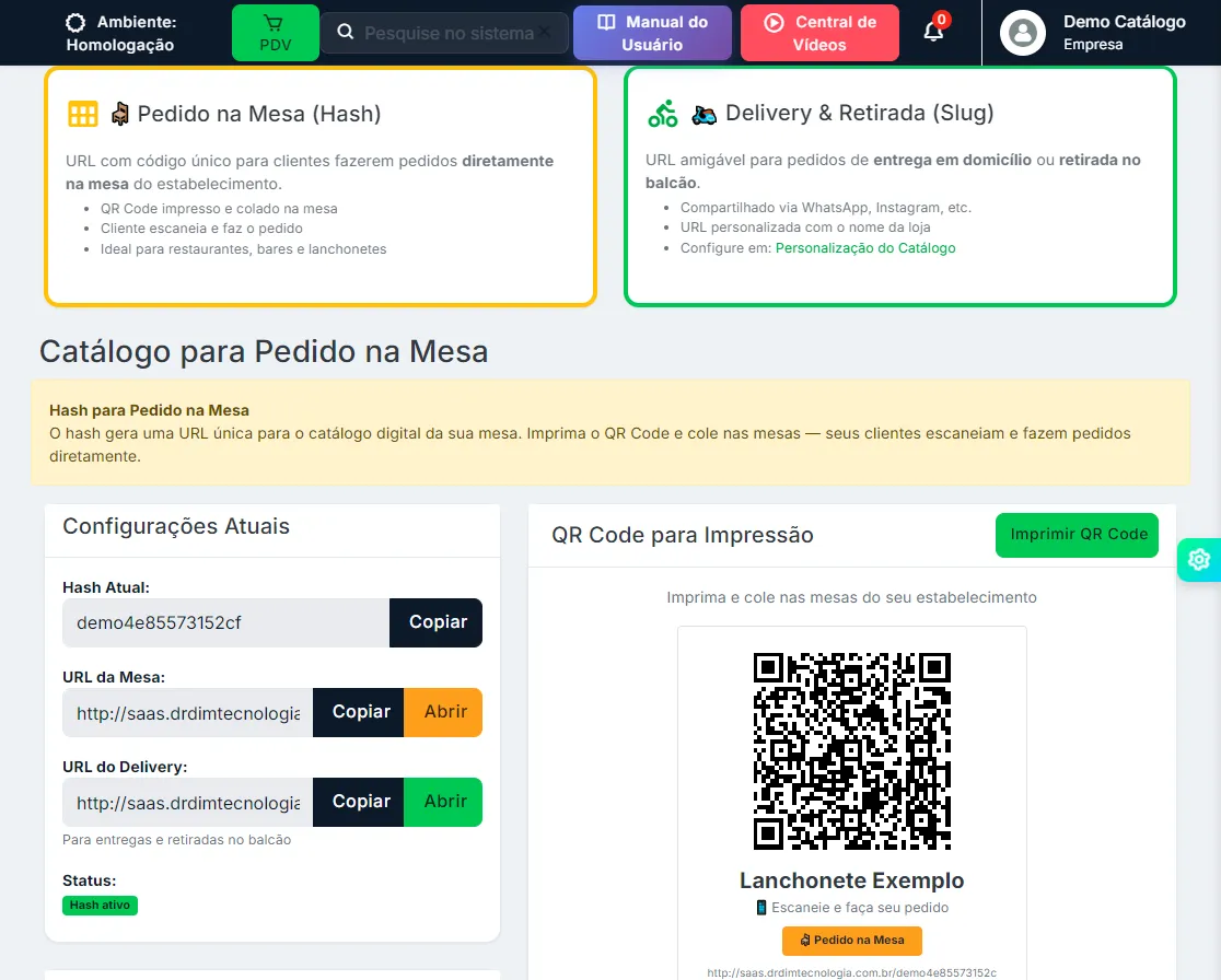 Tela Link do Catálogo com URL da Mesa, URL do Delivery, botões Copiar e Abrir e QR Code