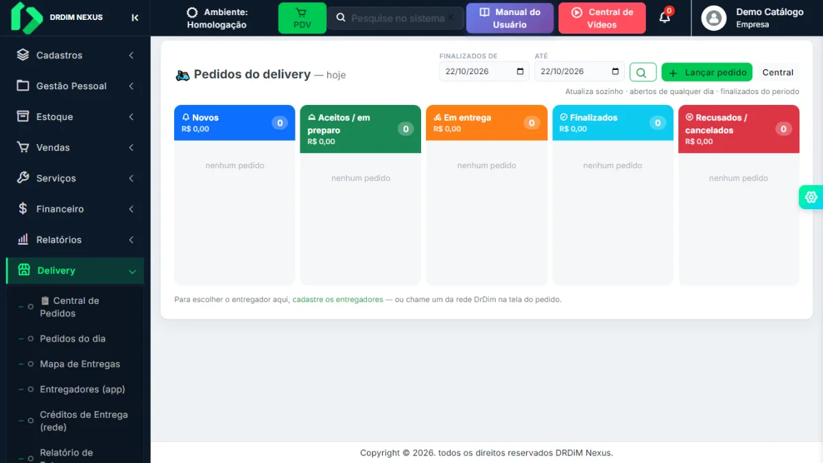 Tela Pedidos do delivery com as colunas Novos, Aceitos, Em entrega, Finalizados e Recusados
