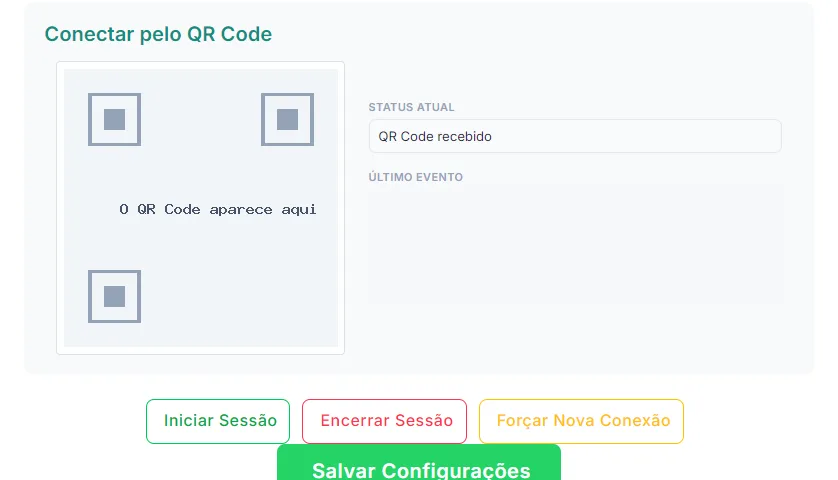 Bloco Conectar pelo QR Code, com o quadro onde o QR aparece, o status atual e os botões Iniciar Sessão, Encerrar Sessão e Forçar Nova Conexão